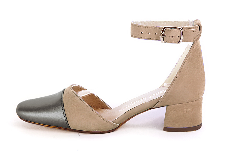 Taupe brown and tan beige women's open side shoes, with a strap around the ankle. Round toe. Low flare heels. Profile view - Florence KOOIJMAN